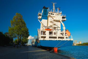 Cargo vessel moored to the quay of Nieuwe Maas river in Rotterdam