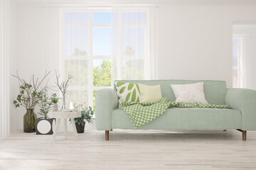 White living room with sofa. Scandinavian interior design. 3D illustration