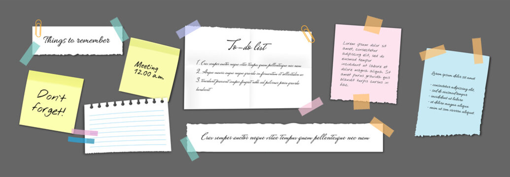 Paper sticky notes, memo messages, notepads and torn paper sheets. Blank notepaper of meeting reminder, to do list and office notice or information board with appointment notes. Vector eps 10