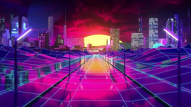 Visualisation of a video game with futuristic visual of a modern city. Stock footage. Neon lights of the road, hills, and the city skyscrapers.