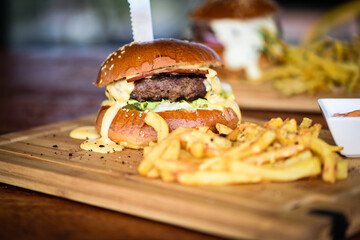 tasty delicious home made burgers with french fries