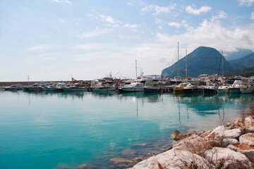 Antalya, Turkey, March 11, 2021. Recreational, fishing yachts and boats in the seaport