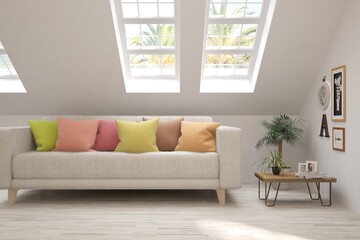 White living room with sofa. Scandinavian interior design. 3D illustration