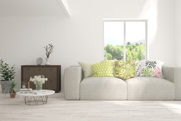 White living room with sofa and summer landscape in window. Scandinavian interior design. 3D illustration