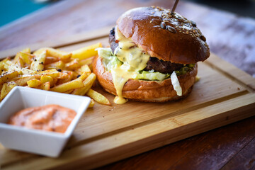 tasty delicious home made burgers with french fries