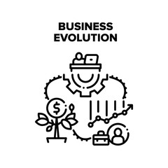 Business Evolution Process Vector Icon Concept. Company Finance And Wealth Growing, Business Evolution Process And Develop Skills, Growth Sales And Money. Businessman Working Black Illustration