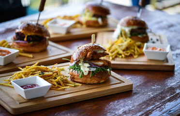 tasty delicious home made burgers with french fries