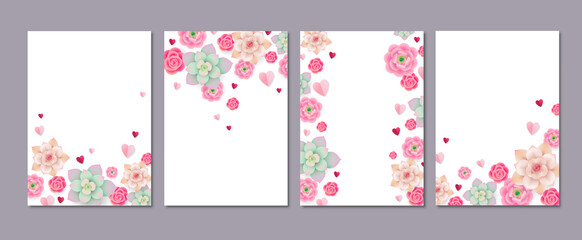 Set of vector floral backgrounds for poster, greeting card and more. Beautiful flowers and paper hearts on white background illustration
