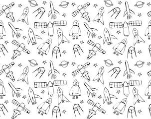 Seamless pattern with space ships and space stations. Vector hand drawn grafic background in doodle style. 