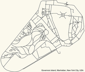 Black simple detailed street roads map on vintage beige background of the quarter Governors Island neighborhood of the Manhattan borough of New York City, USA