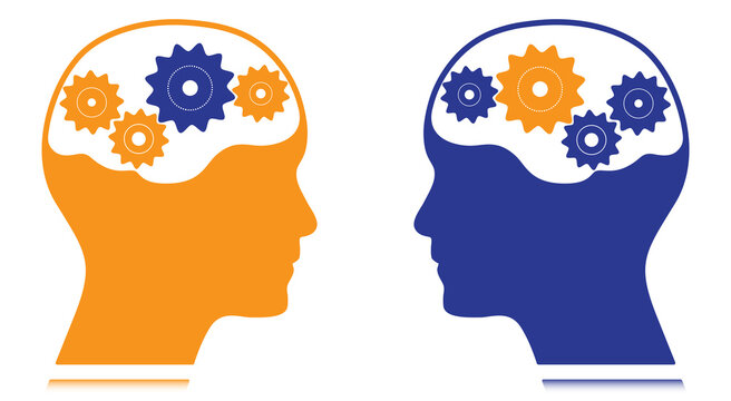 Human head with gears and brain vector illustration. Business concept graphic with cogs to use in business, brainstorm, idea, teamwork and communication projects and presentations. 