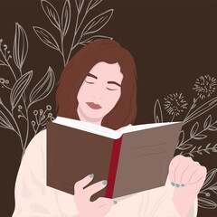 Focused girl reading a book on flowered background, booklover concept