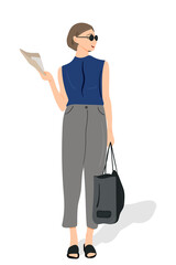 Full length portrait of a fashionable young lady wearing classic suit and sunglasses holding a bag and newspaper