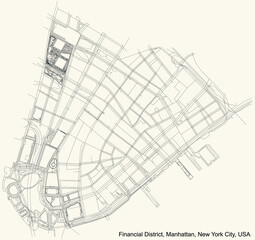 Fototapeta na wymiar Black simple detailed street roads map on vintage beige background of the quarter Financial District neighborhood of the Manhattan borough of New York City, USA