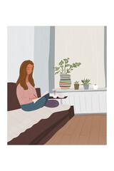 Smiling girl wearing casual home outfit sitting on the sofa with crossed legs drawing in her sketchbook, cozy living-room scene