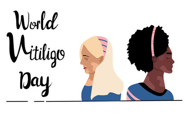 Fototapeta premium World vitiligo day.Young women different ethnicities with skin disease. Depigmentation problem. Patchy loss of derma color.Autoimmune sickness. Vector medical illustration with lettering.Body positive