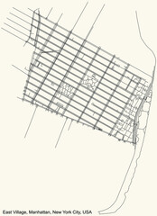 Black simple detailed street roads map on vintage beige background of the quarter East Village neighborhood of the Manhattan borough of New York City, USA