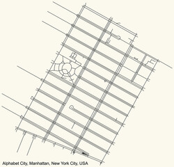 Black simple detailed street roads map on vintage beige background of the quarter Alphabet City neighborhood of the Manhattan borough of New York City, USA