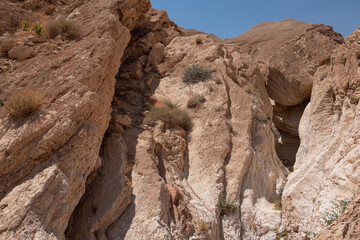 Hiking trail in dry wadi Tahmason, Judaean Desert, Southern Israel. Narrow stone gate inside the wadi.
