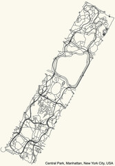 Black simple detailed street roads map on vintage beige background of the quarter Central Park neighborhood of the Manhattan borough of New York City, USA
