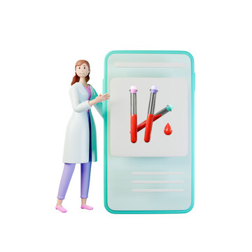 3d character doctor woman pointing at a smartphone with a blood test tubes. Medical online concept art, blank banner, mockup with copy space isolated on white background. 3d render illustration.