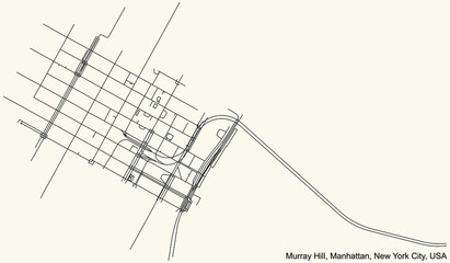 Black simple detailed street roads map on vintage beige background of the quarter Murray Hill neighborhood of the Manhattan borough of New York City, USA