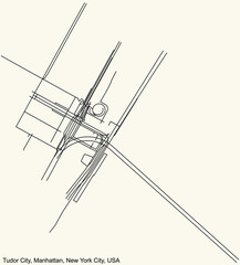 Black simple detailed street roads map on vintage beige background of the quarter Tudor City neighborhood of the Manhattan borough of New York City, USA