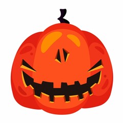 Spooky smiling halloween pumpkin in cartoon style. Vector illustration isolated on white background. An orange pumpkin with a carved face.