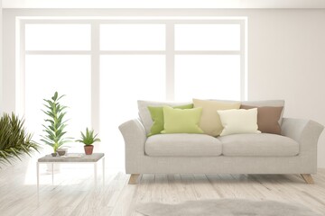 Soft color living room with sofa. Scandinavian interior design. 3D illustration