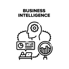 Business Intelligence Process Vector Icon Concept. Business Intelligence Process, Manager Analyzing Market Financial Diagram. Businessman Researching Infographic And Thinking Black Illustration