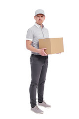 full length portrait of smiling postman or delivery man in uniform with box isolated on white
