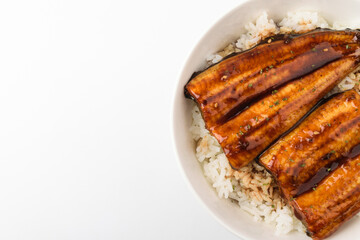 Eel rice bowl on white background