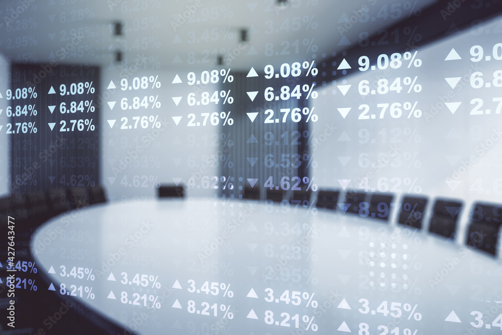 Poster multi exposure of stats data illustration on a modern conference room background, computing and anal