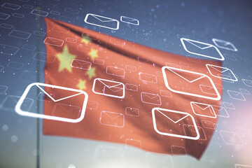 Double exposure of abstract virtual postal envelopes hologram on flag of China and sunset sky...