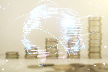 Abstract graphic digital world map hologram with connections on coins background, globalization...