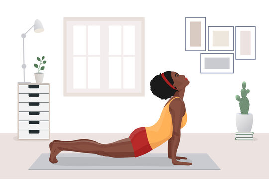 african american woman doing yoga exercises, practicing stretching on mat in yoga studio or home. vector illustration