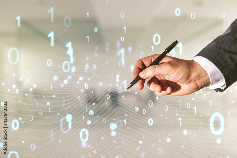 Aufkleber man hand with pen working with abstract virtual binary code hologram on blurred office background, a