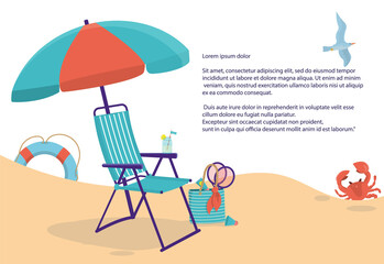 A beach-style banner with a sun lounger and other summer items. Space for your text. Editable vector layout in cartoon style. An element of marine or summer design. EPS 10.