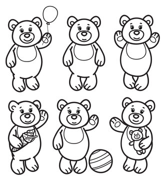 Vector little bears cartoons, black silhouettes. Cute Teddies for kid's coloring.