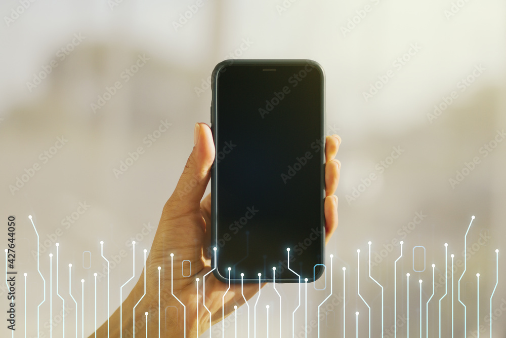 Poster creative abstract micro circuit sketch and hand with cellphone on background, future technology and 