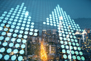 Virtual upward arrows illustration on San Francisco skyline background. Breakthrough and progress concept. Multiexposure