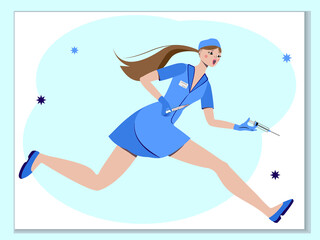 Nurse character, ambulance medical worker to patient to get vaccinated, drawing, vector illustration