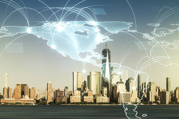 Double exposure of abstract digital world map hologram with connections on Manhattan office buildings background, big data and blockchain concept