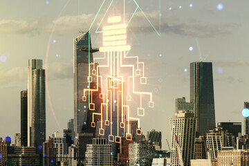 Virtual creative light bulb illustration with microcircuit on New York cityscape background, future technology concept. Multiexposure