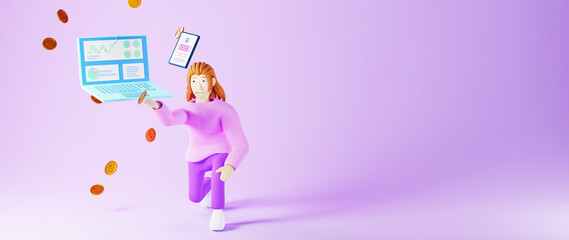 3D render of a woman and notebook. Business online and e-commerce on web shopping concept. Secure online payment transaction with smartphone.