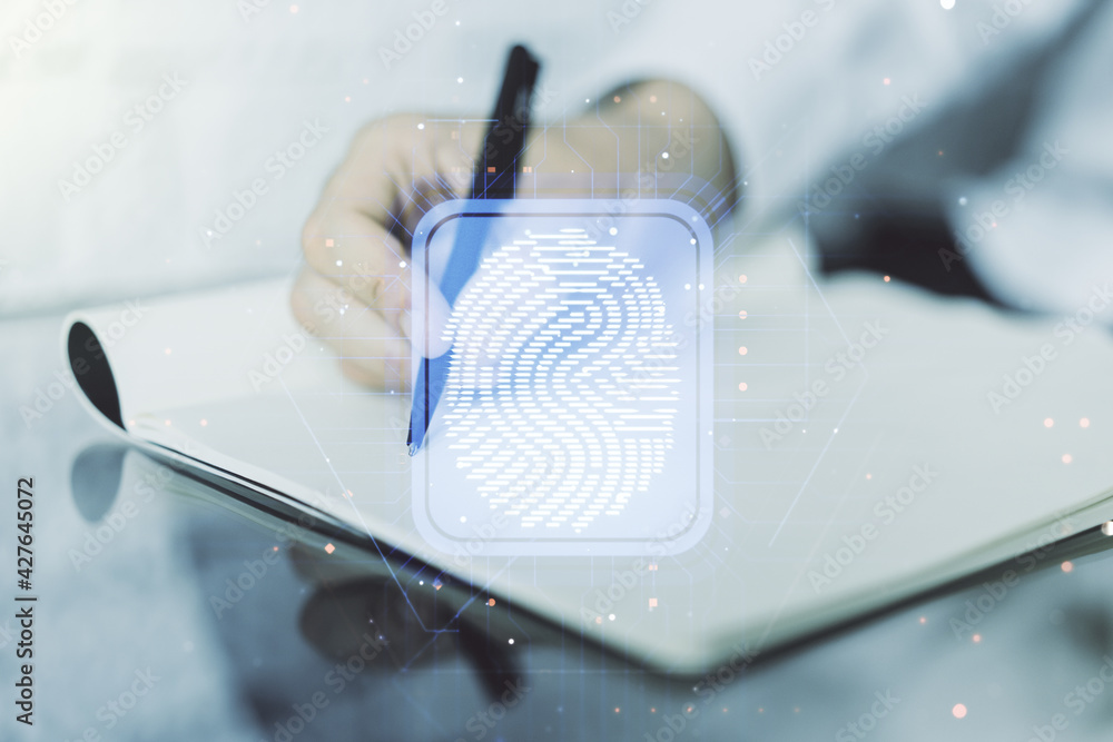 Poster multi exposure of abstract graphic fingerprint sketch with man hand writing in diary on background, 