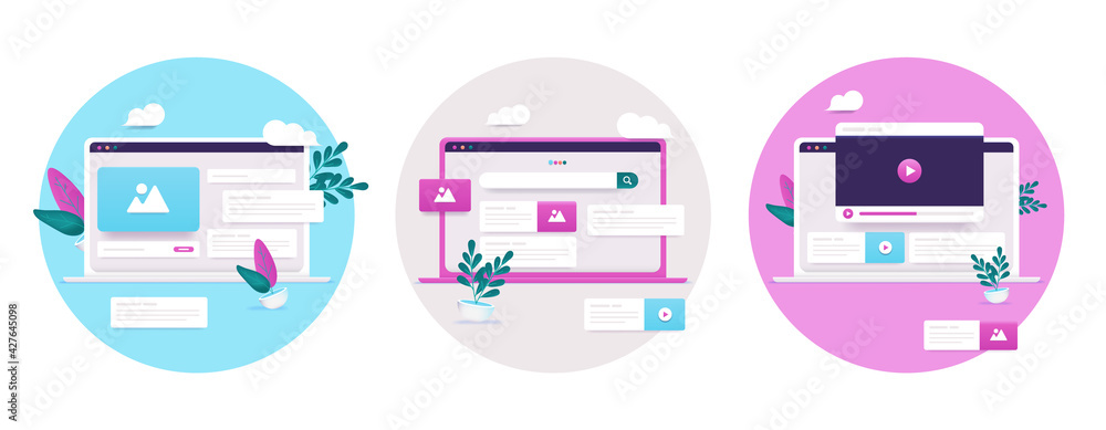 Poster online marketing illustrations - set of vector illustrations with computer screen with social media,
