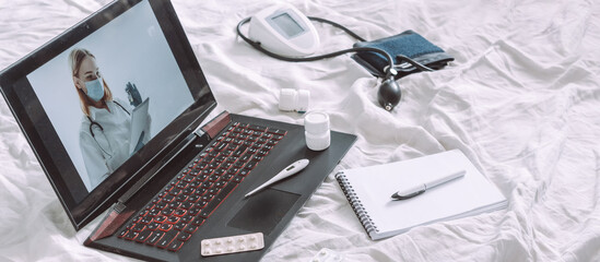 Online Medical insurance. telemedicine, telehealth,patient enters into a contract policy for medical care online, remotely. Medicine online in coronavirus covid 19, lockdown, quarantine.vaccination