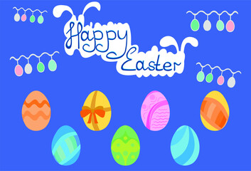 easter bunny with the inscription happy Easter on a blue background with assorted eggs