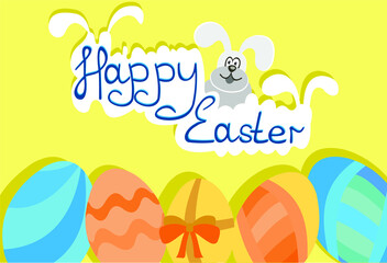 easter bunny cartoon on a yellow background with the inscription happy easter.